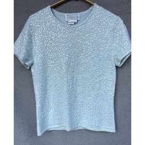 Saks Fifth Avenue 100% Cashmere Sequin Cap Sleeve Sweater Large Pastel Blue Vtg